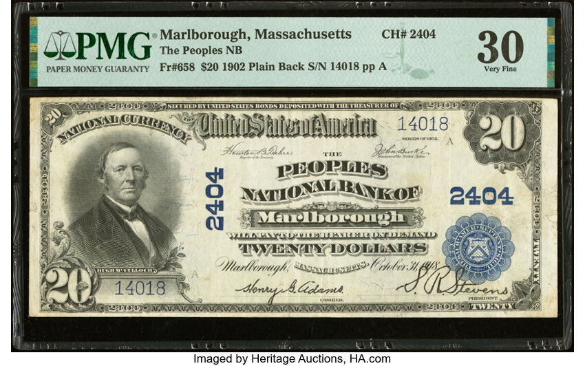 image for: Marlborough, MA - $20 1902 Plain Back Fr. 658 The Peoples National Bank Ch. # 2404 PMG Very Fine 30....