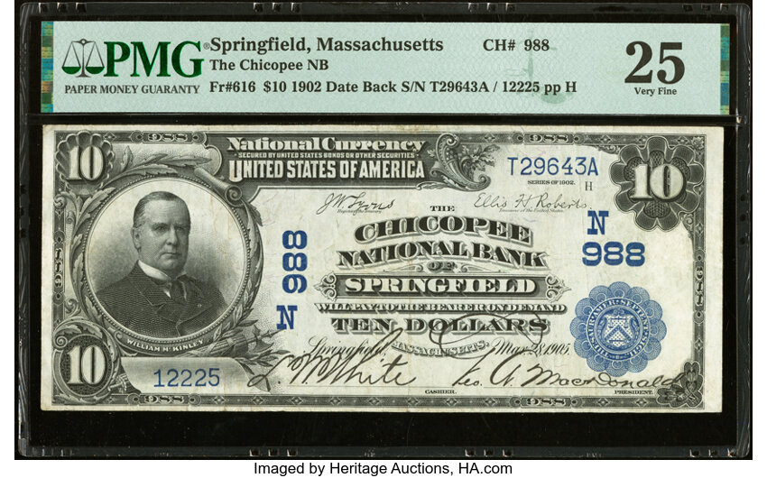 image for: Springfield, MA - $10 1902 Date Back Fr. 616 The Chicopee National Bank Ch. # (N)988 PMG Very Fine 25....
