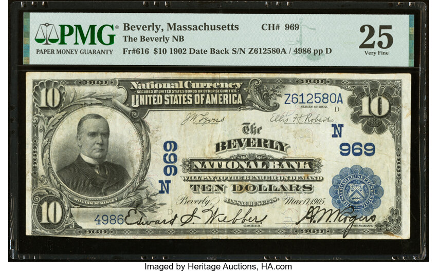 image for: Beverly, MA - $10 1902 Date Back Fr. 616 The Beverly National Bank Ch. # (N)969 PMG Very Fine 25....