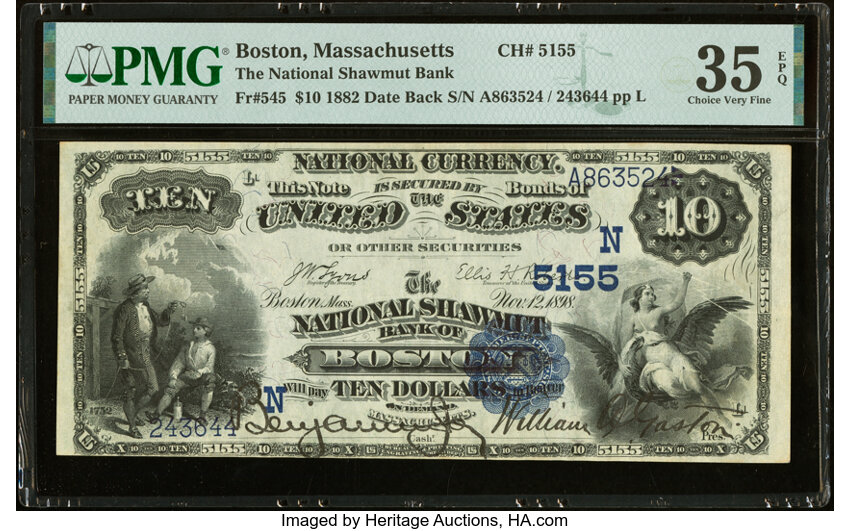 image for: Boston, MA - $10 1882 Date Back Fr. 545 The National Shawmut Bank Ch. # (N)5155 PMG Choice Very Fine 35 EPQ....