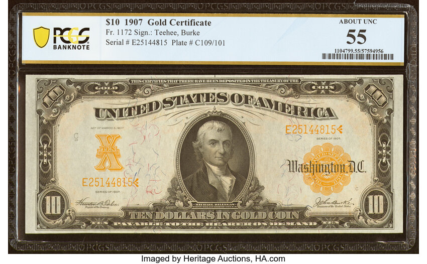 image for: Fr. 1172 $10 1907 Gold Certificate PCGS Banknote About Unc 55....