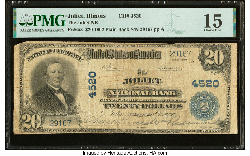image for: Joliet, IL - $20 1902 Plain Back Fr. 653 The Joliet National Bank Ch. # 4520 PMG Choice Fine 15....