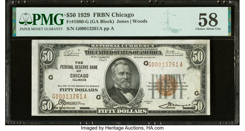 image for: Fr. 1880-G $50 1929 Federal Reserve Bank Note. PMG Choice About Unc 58....