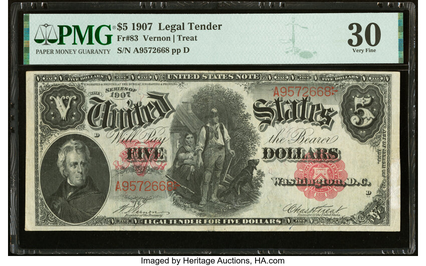 image for: Fr. 83 $5 1907 Legal Tender PMG Very Fine 30....