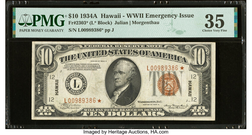 image for: Fr. 2303* $10 1934A Hawaii Federal Reserve Star Note. PMG Choice Very Fine 35....