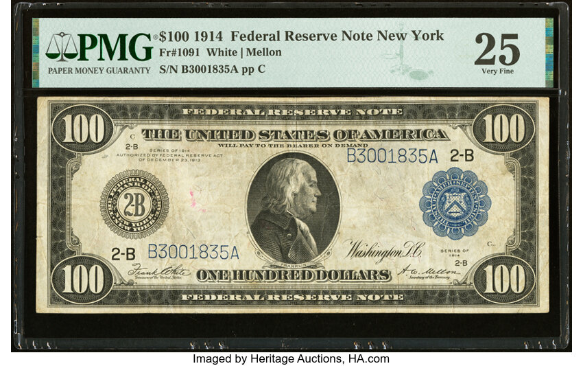 image for: Fr. 1091 $100 1914 Federal Reserve Note PMG Very Fine 25....