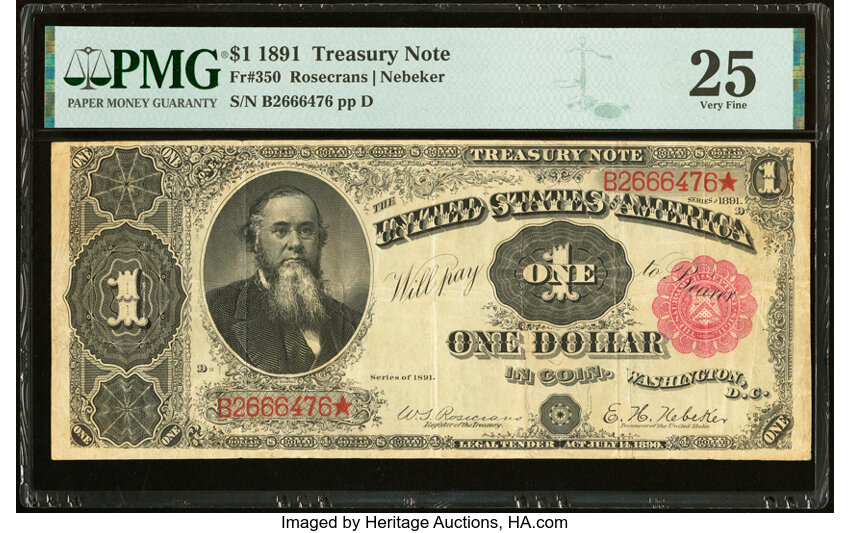 image for: Fr. 350 $1 1891 Treasury Note PMG Very Fine 25....