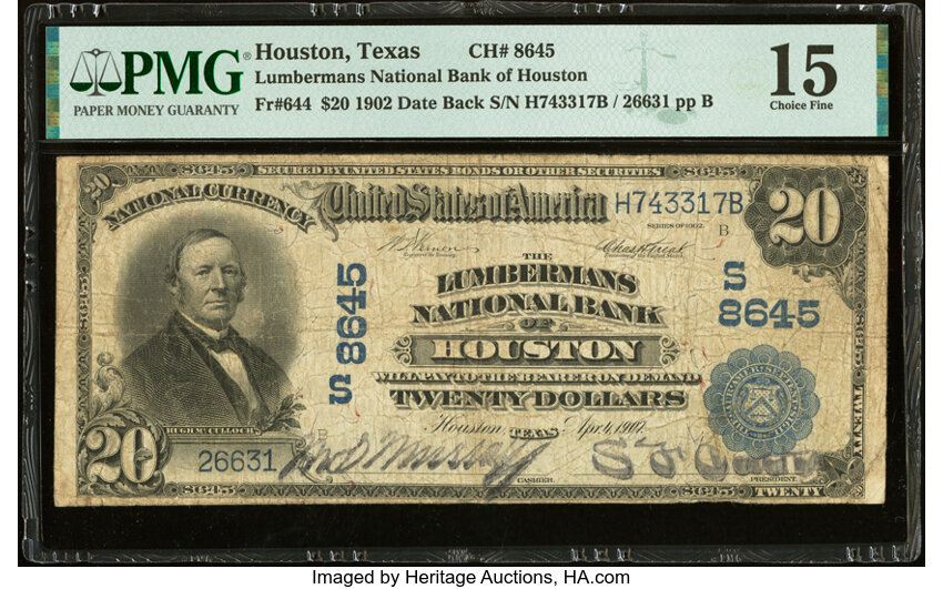 image for: Houston, TX - $20 1902 Date Back Fr. 644 Lumbermans National Bank of Houston Ch. # (S)8645 PMG Choice Fine 15....