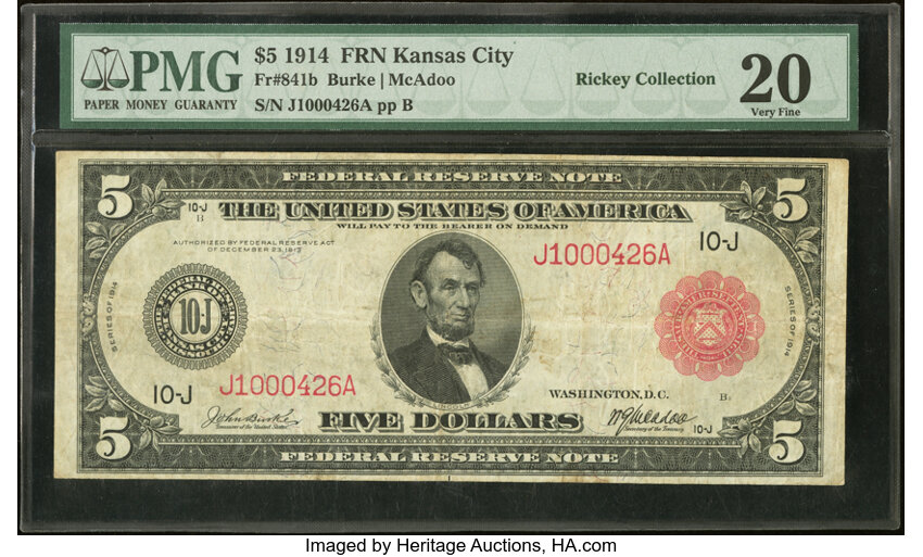 image for: Fr. 841b $5 1914 Red Seal Federal Reserve Note PMG Very Fine 20....