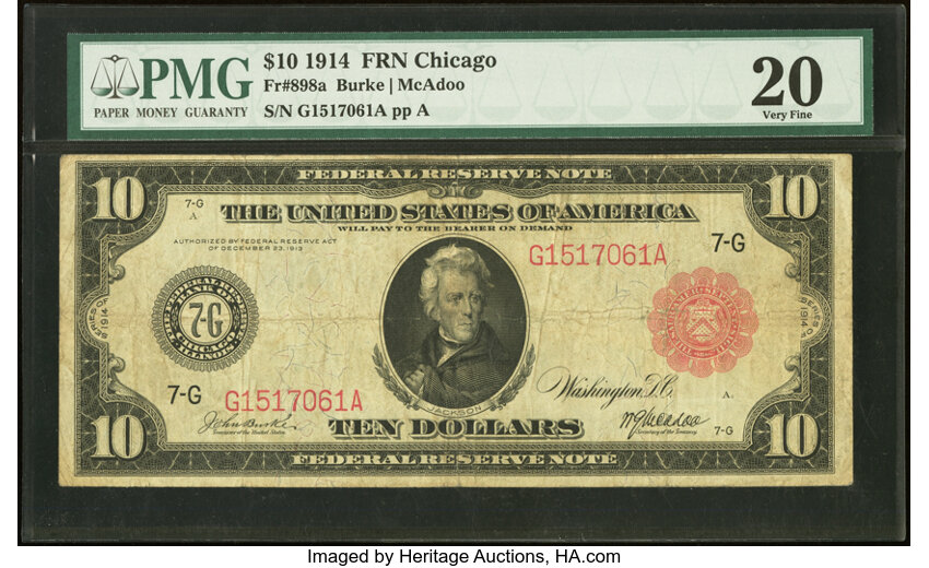 image for: Fr. 898a $10 1914 Red Seal Federal Reserve Note PMG Very Fine 20....