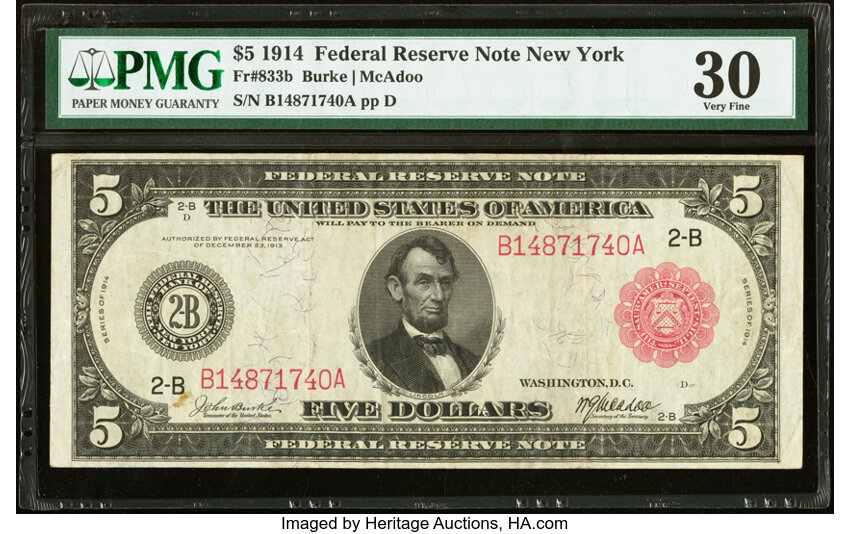 image for: Fr. 833b $5 1914 Red Seal Federal Reserve Note PMG Very Fine 30....