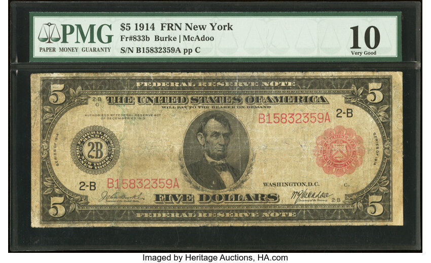image for: Fr. 833b $5 1914 Red Seal Federal Reserve Note PMG Very Good 10....