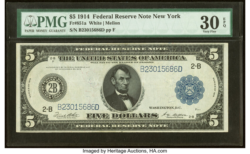 image for: Fr. 851a $5 1914 Federal Reserve Note PMG Very Fine 30 EPQ....