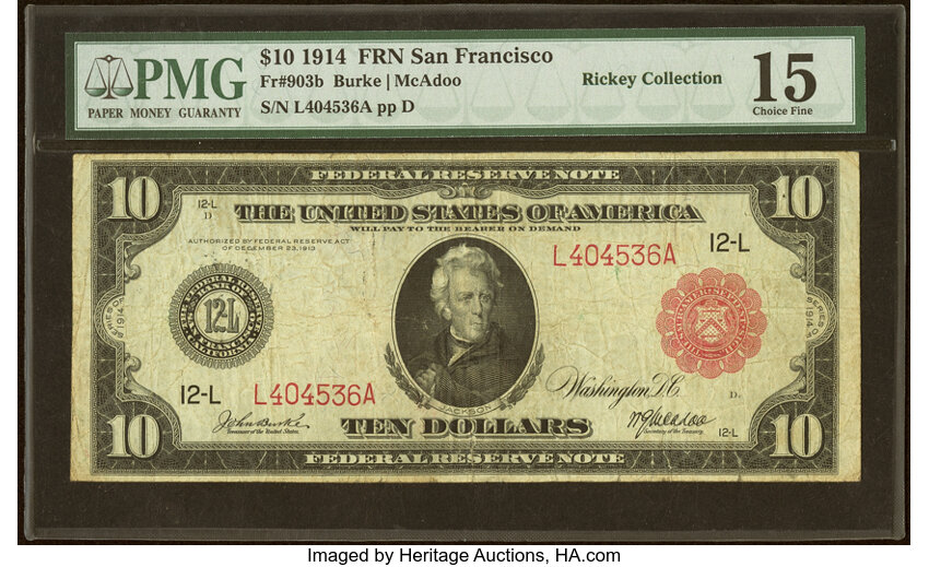 image for: Fr. 903b $10 1914 Red Seal Federal Reserve Note PMG Choice Fine 15....