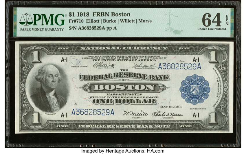 image for: Fr. 710 $1 1918 Federal Reserve Bank Note PMG Choice Uncirculated 64 EPQ....