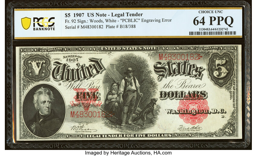 image for: Fr. 92 $5 1907 Legal Tender PCGS Banknote Choice Unc 64 PPQ....