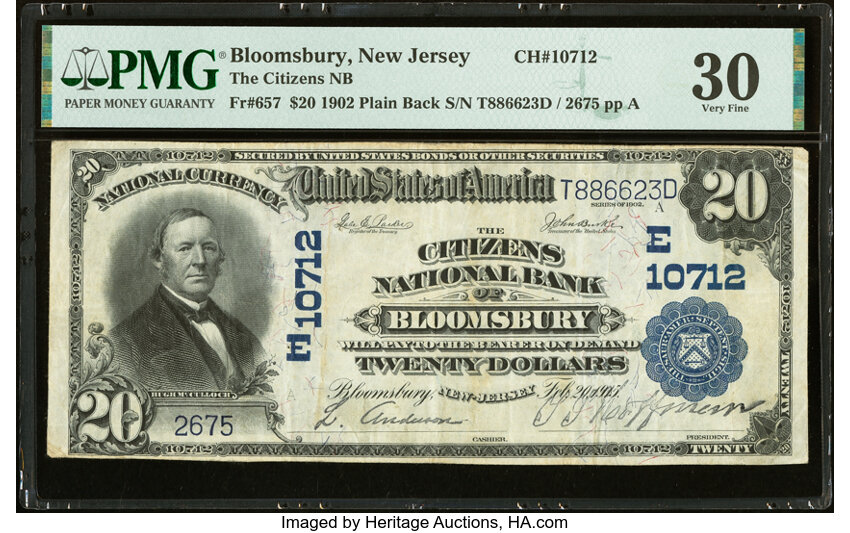 image for: Bloomsbury, NJ - $20 1902 Plain Back Fr. 657 The Citizens National Bank Ch. # (E)10712 PMG Very Fine 30....