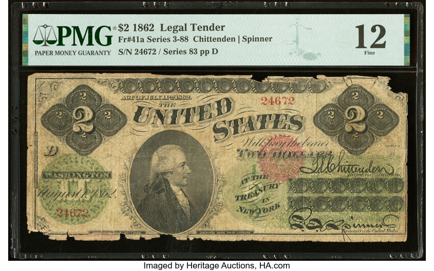 image for: Fr. 41a $2 1862 Legal Tender PMG Fine 12....