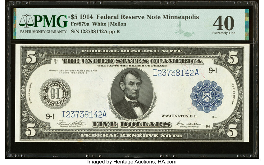 image for: Fr. 879a $5 1914 Federal Reserve Note PMG Extremely Fine 40....