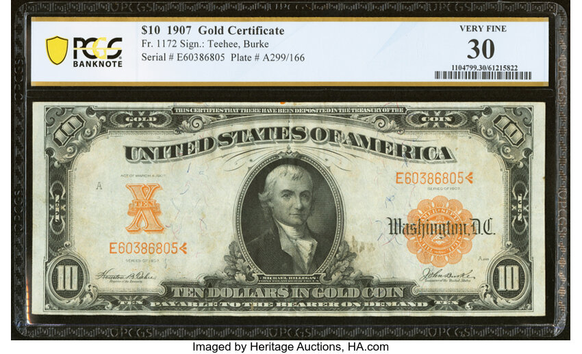 image for: Fr. 1172 $10 1907 Gold Certificate PCGS Banknote Very Fine 30....