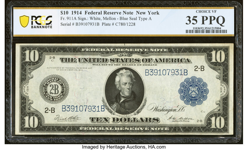 image for: Fr. 911a $10 1914 Federal Reserve Note PCGS Banknote Choice VF 35 PPQ....