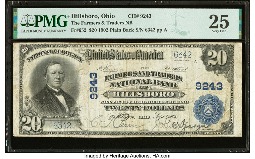 image for: Hillsboro, OH - $20 1902 Plain Back Fr. 652 The Farmers & Traders National Bank Ch. # 9243 PMG Very Fine 25....