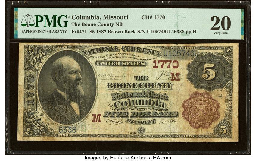image for: Columbia, MO - $5 1882 Brown Back Fr. 471 The Boone County National Bank Ch. # (M)1770 PMG Very Fine 20....