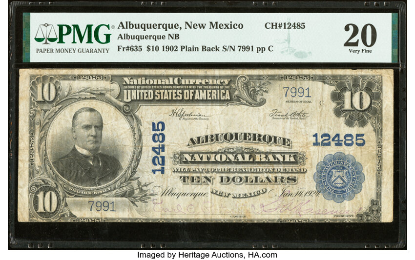 image for: Albuquerque, NM - $10 1902 Plain Back Fr. 635 Albuquerque National Bank Ch. # 12485 PMG Very Fine 20....