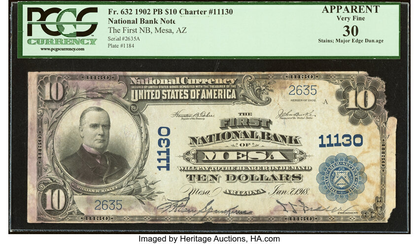 image for: Mesa, AZ - $10 1902 Plain Back Fr. 632 The First National Bank Ch. # 11130 PCGS Apparent Very Fine 30....