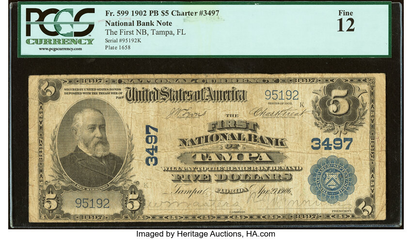 image for: Tampa, FL - $5 1902 Plain Back Fr. 599 The First National Bank Ch. # 3497 PCGS Fine 12....