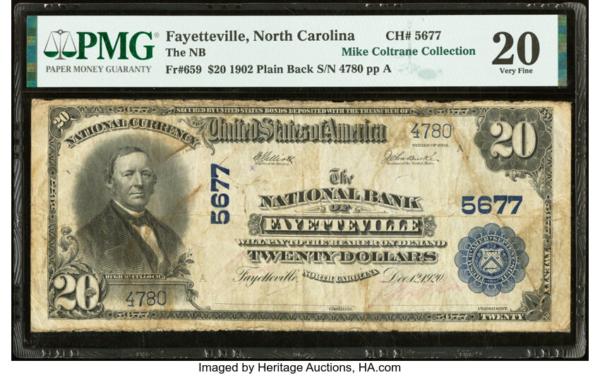 image for: Fayetteville, NC - $20 1902 Plain Back Fr. 659 The National Bank of Fayetteville Ch. # 5677 PMG Very Fine 20....