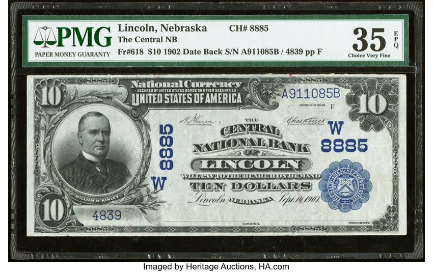 image for: Lincoln, NE - $10 1902 Date Back Fr. 618 The Central National Bank Ch. # (W)8885 PMG Choice Very Fine 35 EPQ....