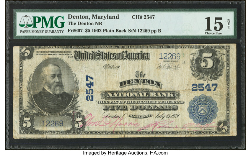 image for: Denton, MD - $5 1902 Plain Back Fr. 607 The Denton National Bank Ch. # 2547 PMG Choice Fine 15 Net....