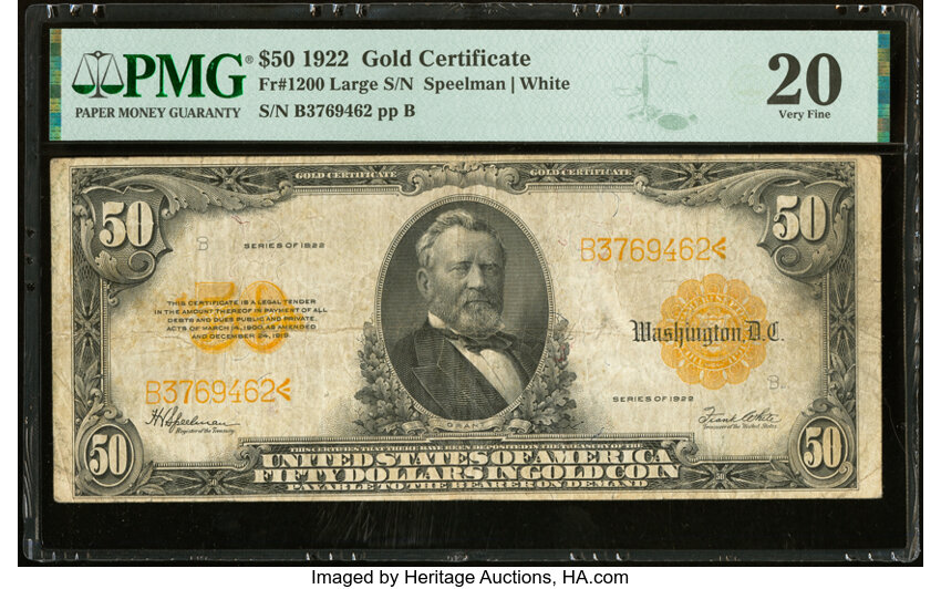 image for: Fr. 1200 $50 1922 Gold Certificate PMG Very Fine 20....