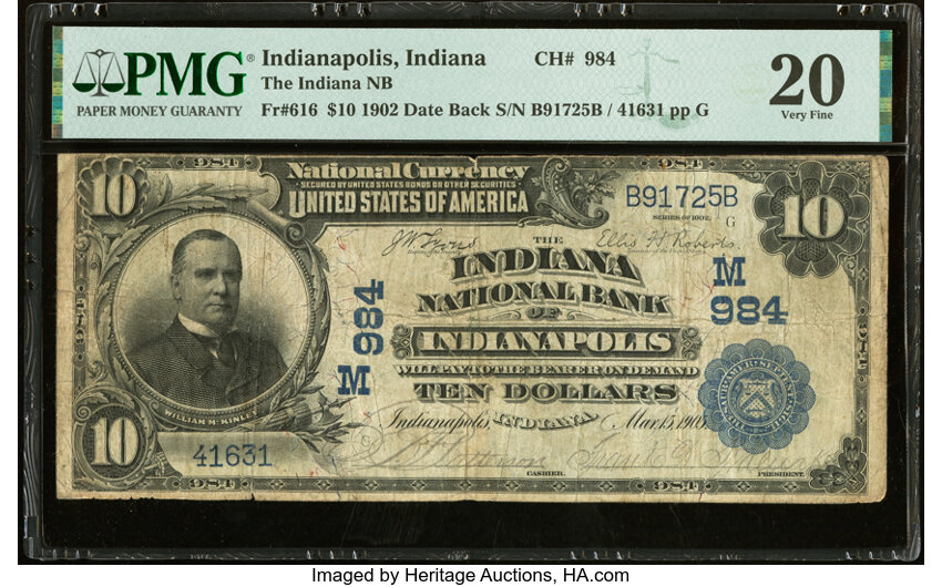 image for: Indianapolis, IN - $10 1902 Date Back Fr. 616 The Indiana National Bank Ch. # (M)984 PMG Very Fine 20....