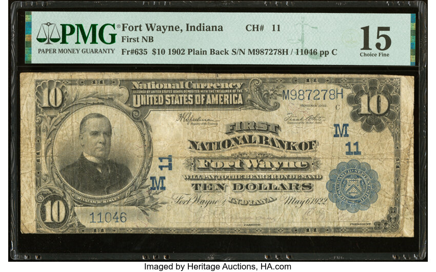 image for: Fort Wayne, IN - $10 1902 Plain Back Fr. 635 First National Bank Ch. # (M)11 PMG Choice Fine 15....