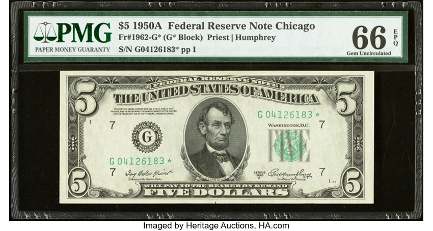 image for: Fr. 1962-G* $5 1950A Federal Reserve Note. PMG Gem Uncirculated 66 EPQ....