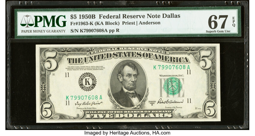 image for: Fr. 1963-K $5 1950B Federal Reserve Note. PMG Superb Gem Unc 67 EPQ....