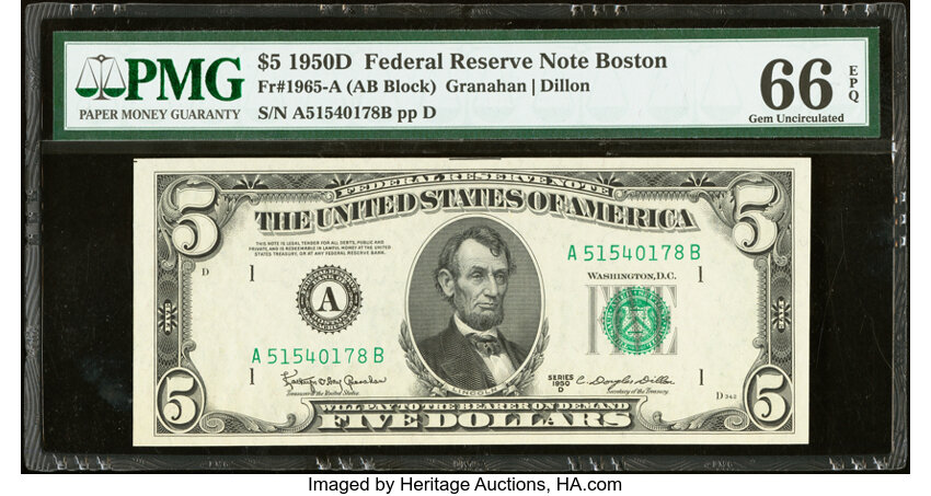 image for: Fr. 1965-A $5 1950D Federal Reserve Note. PMG Gem Uncirculated 66 EPQ....