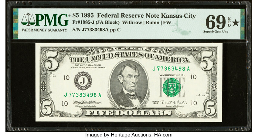 image for: Fr. 1985-J $5 1995 Federal Reserve Note. PMG Superb Gem Unc 69 EPQ*....