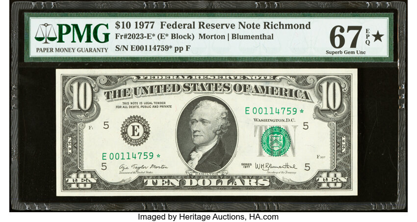 image for: Fr. 2023-E* $10 1977 Federal Reserve Star Note. PMG Superb Gem Unc 67 EPQ*....