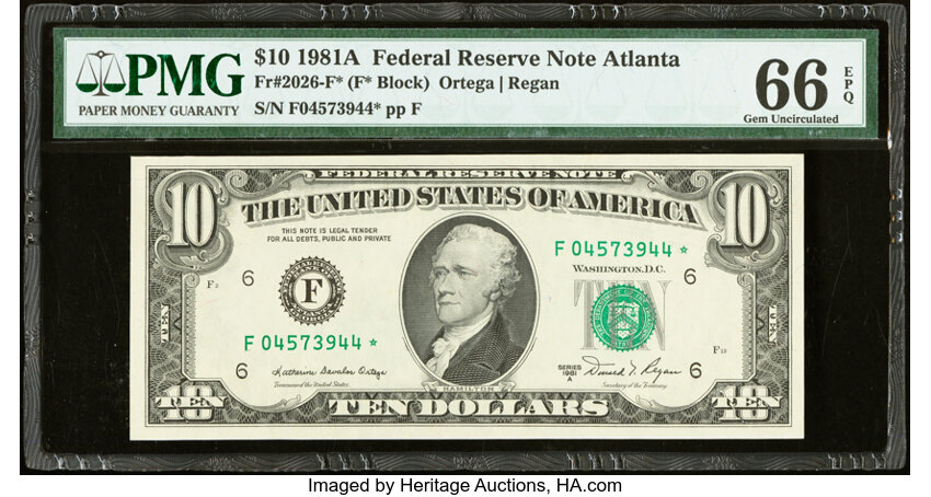 image for: Fr. 2026-F* $10 1981A Federal Reserve Star Note. PMG Gem Uncirculated 66 EPQ....