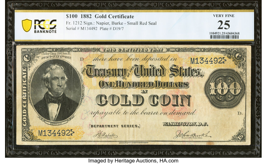 image for: Fr. 1212 $100 1882 Gold Certificate PCGS Banknote Very Fine 25....