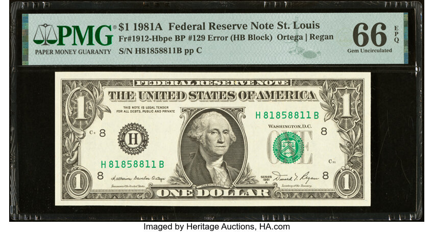 image for: Fr. 1912-H $1 1981A Federal Reserve Note. Back Plate Number 129 at Left. PMG Gem Uncirculated 66 EPQ....