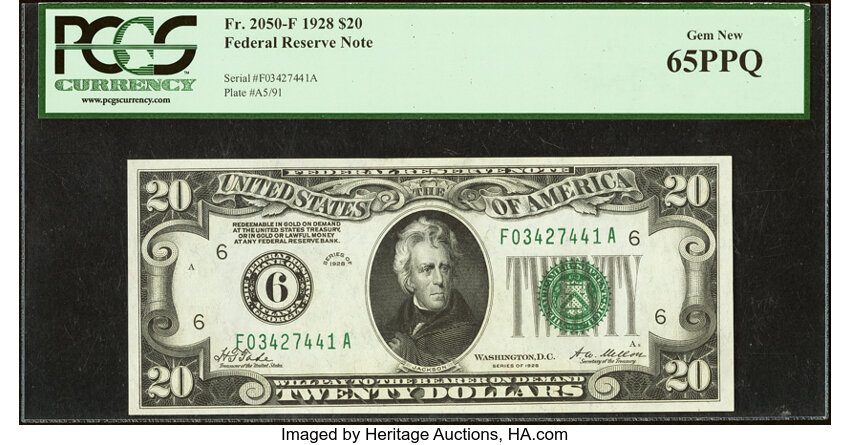 image for: Fr. 2050-F $20 1928 Federal Reserve Note. PCGS Gem New 65PPQ....