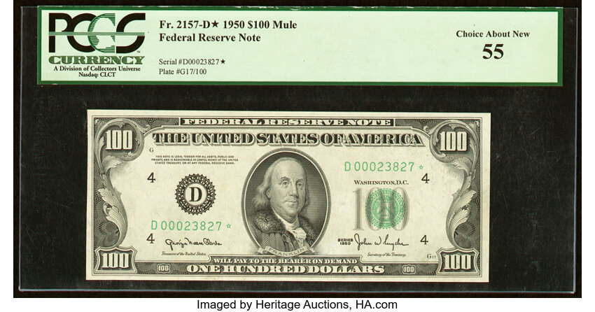 image for: Fr. 2157-D* $100 1950 Mule Federal Reserve Star Note. PCGS Choice About New 55....