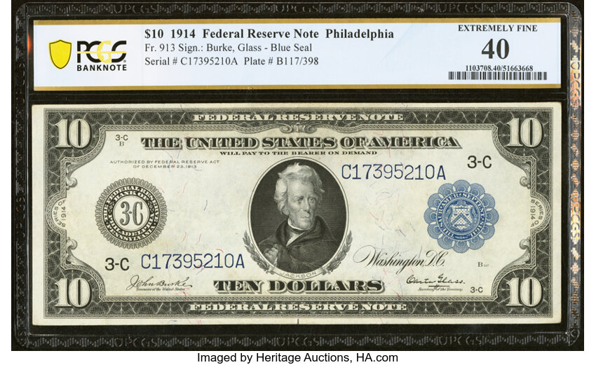 image for: Fr. 913 $10 1914 Federal Reserve Note PCGS Banknote Extremely Fine 40....