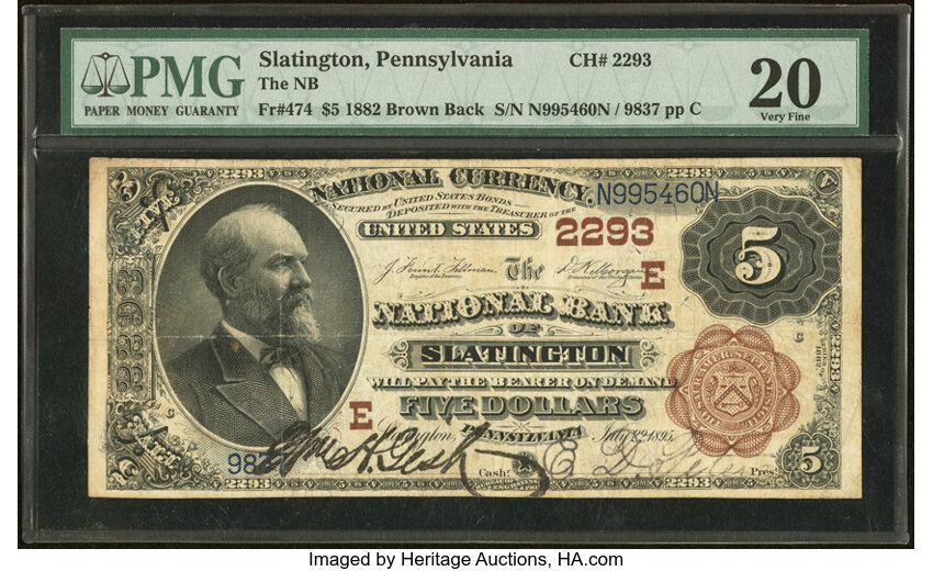 image for: Slatington, PA - $5 1882 Brown Back Fr. 474 The National Bank of Slatington Ch. # (E)2293 PMG Very Fine 20....