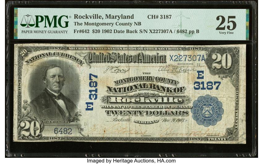 image for: Rockville, MD - $20 1902 Date Back Fr. 642 The Montgomery County National Bank Ch. # (E)3187 PMG Very Fine 25....