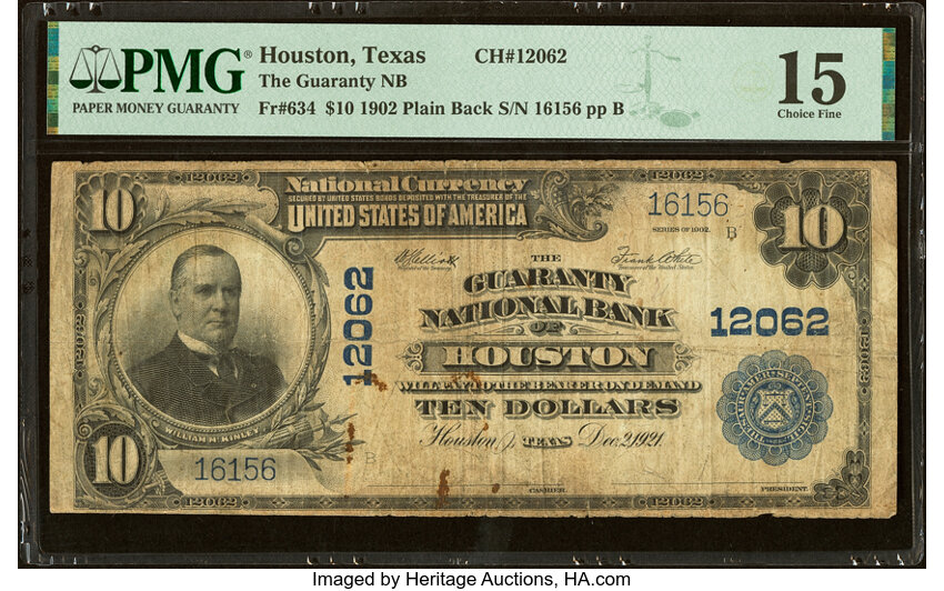 image for: Houston, TX - $10 1902 Plain Back Fr. 634 The Guaranty National Bank Ch. # 12062 PMG Choice Fine 15....